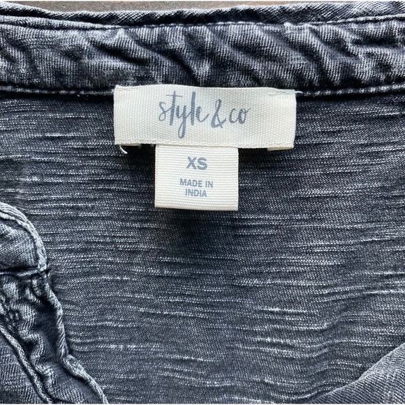 Style & Co Top XS Women Black Henley Mineral Wash Embroidered Floral Whimsigoth - Picture 5 of 8